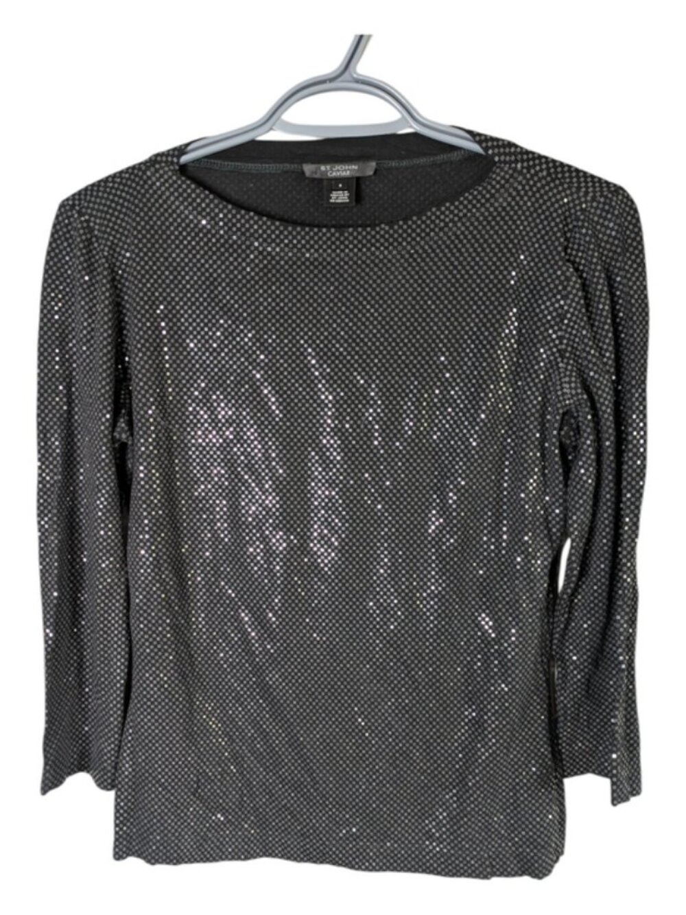 St. John Caviar 3/4 Sleeve Boat Neck Sz Small Black Shimmer Evening Wear Shirt